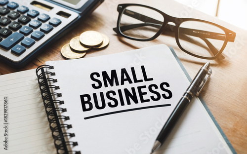 Wallpaper Mural Small Business Text on Notebook with Calculator and Glasses on Wooden Desk Torontodigital.ca