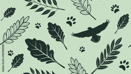 Elegant sage green pattern with dynamic flying eagle, delicate leaves and paw prints for a fresh, nature inspired design project, perfect for backgrounds and stylish prints