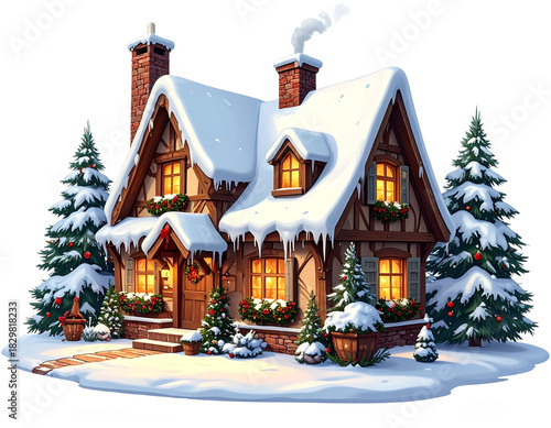 Cozy winter cabin with snow and warm lights isolated on transparent background