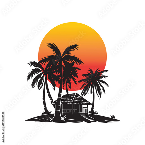 Graphic illustration of a tropical island paradise with a hut at sunset