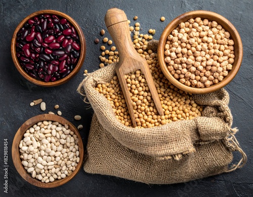Overhead shot of various dry beans and legumes arranged in wooden bowls and a burlap sack