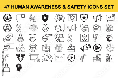 Human safety awareness icon set with head shield protection and prevention symbols about security and cybersecurity technology connection