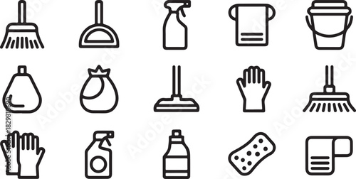 Line art illustration of various cleaning supplies including broom spray bottle and bucket for household tasks