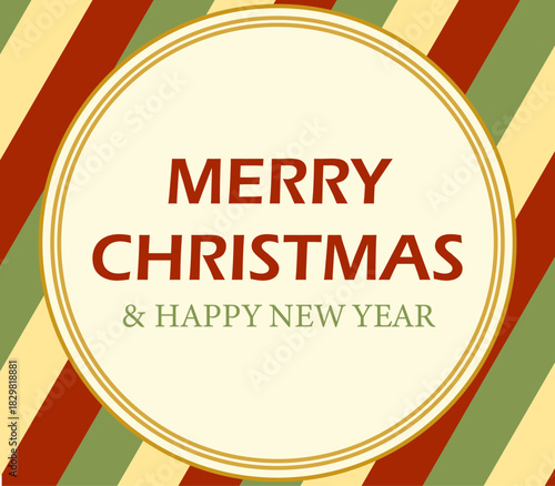 Tarjeta de navidad y año nuevo con patrón de rayas diagonales y marco circular