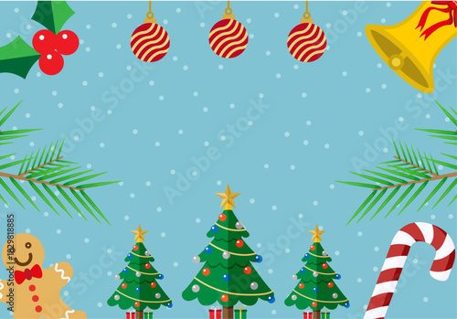 Fondo festivo de navidad con árboles, galleta de jengibre, muérdago y adornos