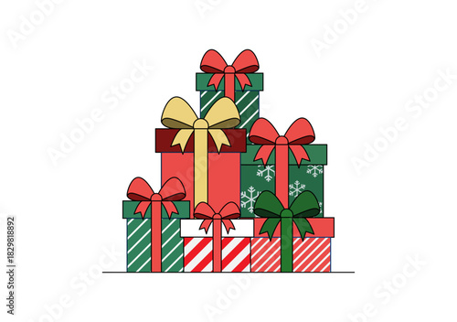 Pila de regalos navideños coloridos con lazos y diseños festivos sobre fondo blanco