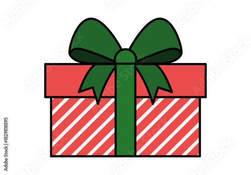 Caja de regalo roja con patrón de rayas blancas y lazo verde de celebración