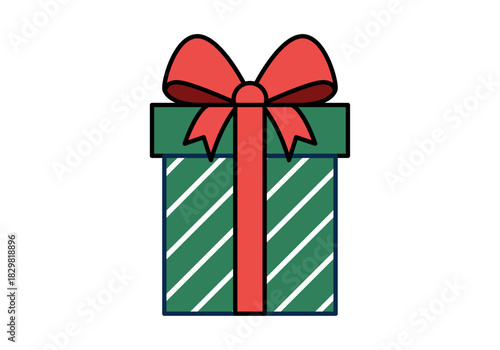 Caja de regalo de navidad con rayas verdes y lazo rojo sobre fondo blanco