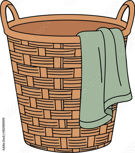 Woven Laundry Basket with Green Cloth Vector