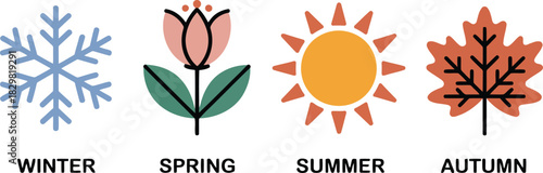 Collection of simple seasonal icons representing winter spring summer and autumn weather