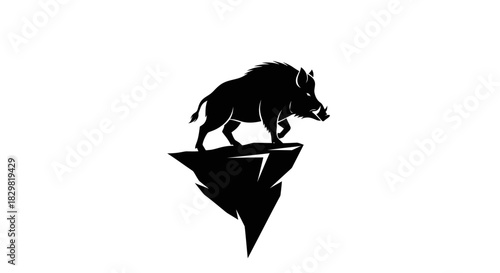 Wild Boar Silhouette Standing Firmly on a Jagged Cliff Edge.