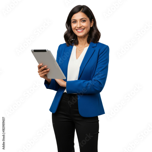 Young Indian businesswoman standing confident and holding tablet isolated on white or transparent background
