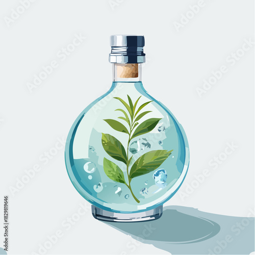 Clear Glass Bottle Containing Fresh Green Plant Leaves and Bubbles with Light Blue Water on a White Background