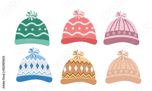 Knitted hat vector set. Winter accessories clipart. Flat vector in cartoon style isolated on white background. Hello winter element.