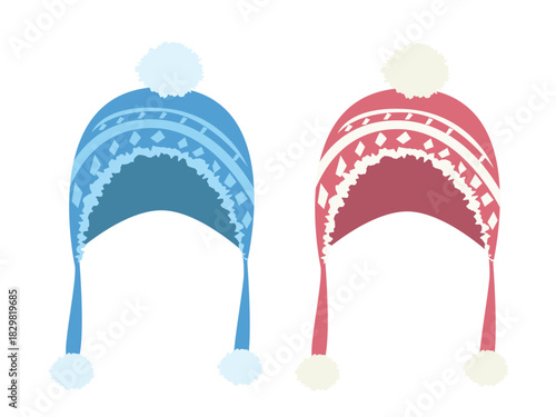 Knitted hat vector set. Winter accessories clipart. Flat vector in cartoon style isolated on white background. Hello winter element. Earflap hat.