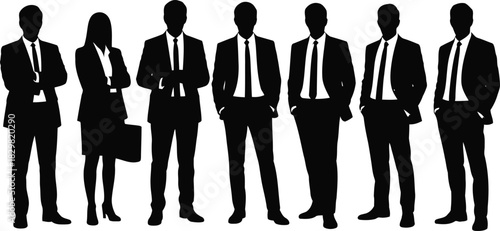Diverse group of professional business individuals stand as confident black silhouettes against a white background
