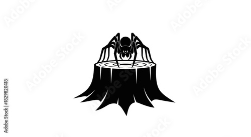 Monochrome graphic of a large spider on a cut tree trunk.