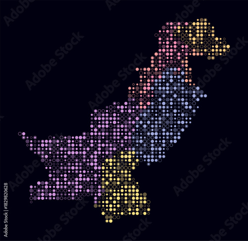 Pakistan, shape of the country build of colored cells. Digital style map of the Pakistan on dark background. Small size circle blocks. Amazing vector illustration.