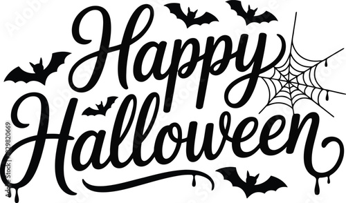 Festive black Happy Halloween lettering adorned with many flying bats and a detailed spider web