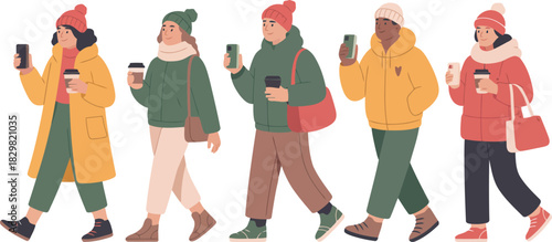 Five diverse people dressed in warm winter clothes walk carrying phones and coffee cups