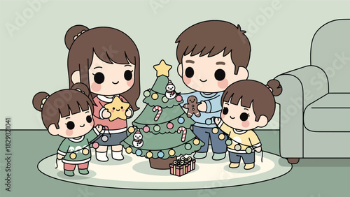 Cute kawaii family decorating a Christmas tree with smiling ornaments and lights. Ideal for adorable holiday activities, family moments, and festive winter designs