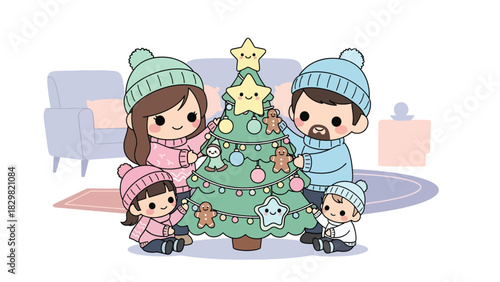 Cute kawaii family decorating a Christmas tree with smiling ornaments and lights. Ideal for adorable holiday activities, family moments, and festive winter designs