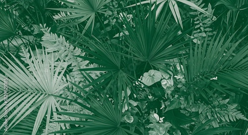 Overhead shot of various lush, dark green tropical foliage filling the frame