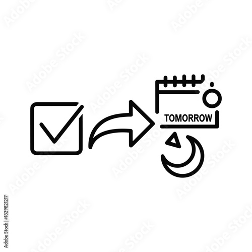 Check mark icon with arrow pointing to a calendar marked tomorrow with a moon symbol, isolated on