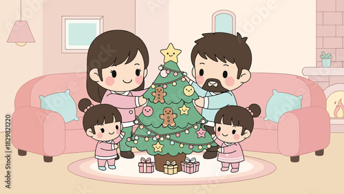 Cute kawaii family decorating a Christmas tree with smiling ornaments and lights. Ideal for adorable holiday activities, family moments, and festive winter designs