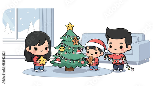 Cute kawaii family decorating a Christmas tree with smiling ornaments and lights. Ideal for adorable holiday activities, family moments, and festive winter designs