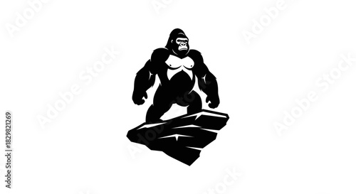 Dominant Gorilla Silhouette Standing on Rock Symbol of Strength and Power.
