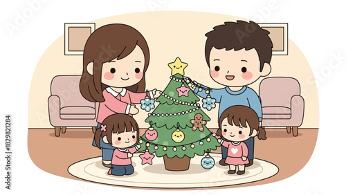 Cute kawaii family decorating a Christmas tree with smiling ornaments and lights. Ideal for adorable holiday activities, family moments, and festive winter designs