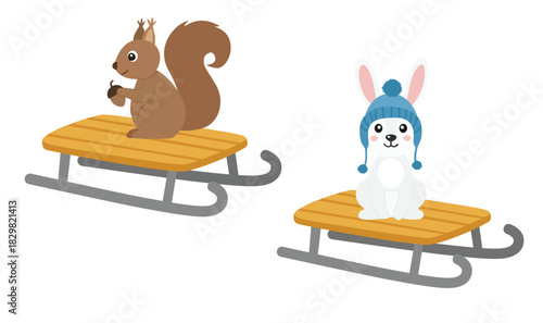 Winter element vector with sled, rabbit, squirrel. Hello winter clipart. Flat vector in cartoon style isolated on white background. Animal clipart.