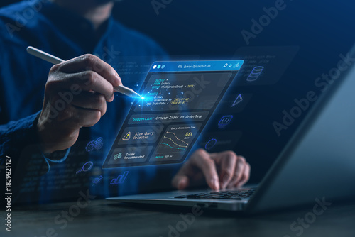A developer analyzing and optimizing SQL queries on a hologram interface, featuring performance metrics, slow query detection, index recommendations, and execution time analysis for database tuning.