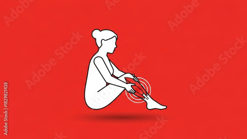 Woman sitting massaging her calf muscle with red background indicating pain and discomfort on the leg area