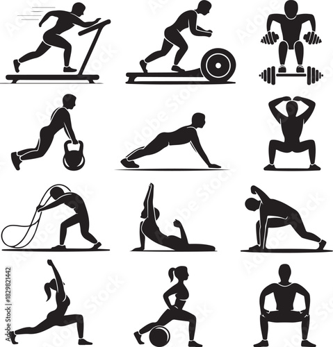 Fitness exercise silhouette sets