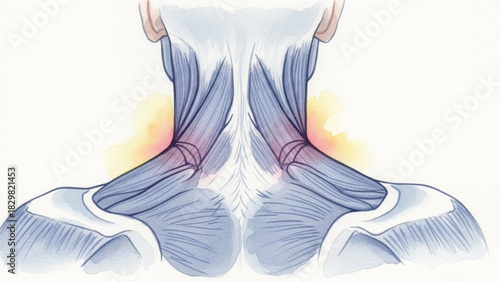 Anatomical illustration showcasing the muscles of the neck and upper back from a posterior view point