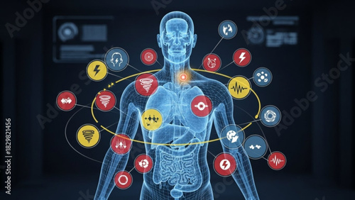 Human body with internal organs and various disease related icons around it on a futuristic background