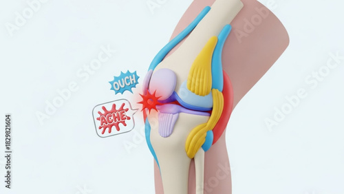 Illustration of a knee joint with visible ligaments and tendons experiencing pain and discomfort ache