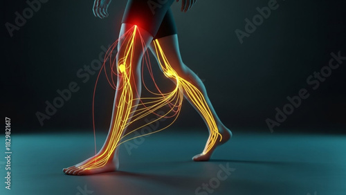 Anatomical illustration of human legs with nerve pathways highlighted in yellow and red pain point areas