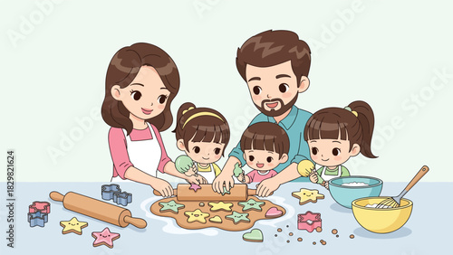 Kawaii family baking smiling gingerbread cookies together. Perfect for cute winter traditions, cozy holiday kitchens, and joyful family Christmas activities
