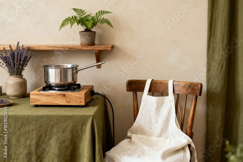 Kitchen scene with pot on stove, wooden chair, and greenery decor  