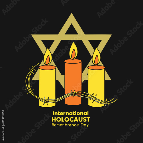 International Holocaust Remembrance Day Illustration with Candles Star of David and Barbed Wire on Black Background