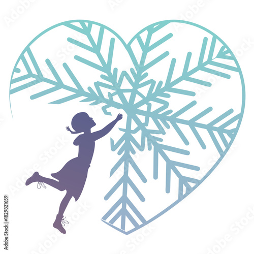 Silhouette of girl reaching for large snowflake inside heart shape
