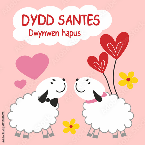 Happy Saint Valentine s Day in Welsh with two sheep and hearts illustration