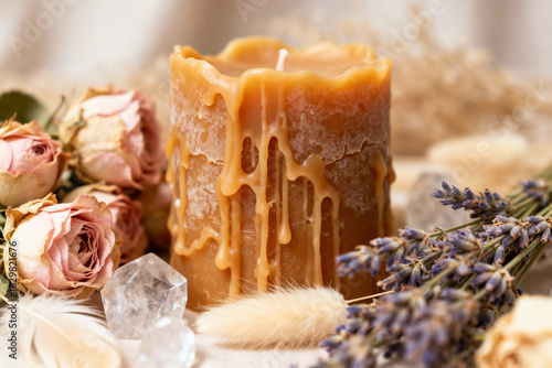 Dripping beeswax candle surrounded by dried flowers and crystals  