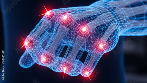 Digital representation of hand with red glowing points indicating pain or inflammation in the joints