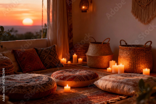 Cozy living room with candles and cushions at sunset  