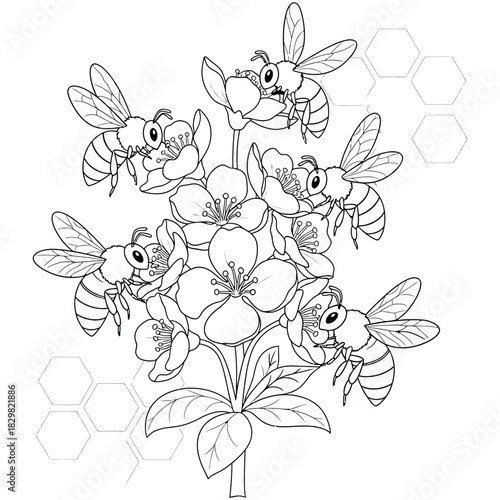 Busy Bees and Flowers Coloring Page for Kids
