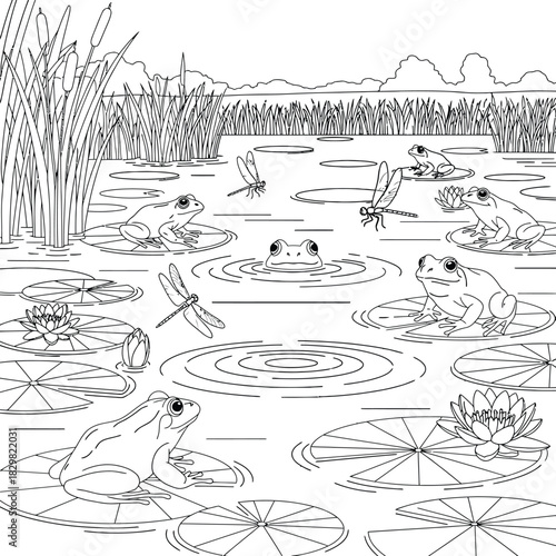 Pond Wildlife with Frogs and Dragonflies Coloring Page